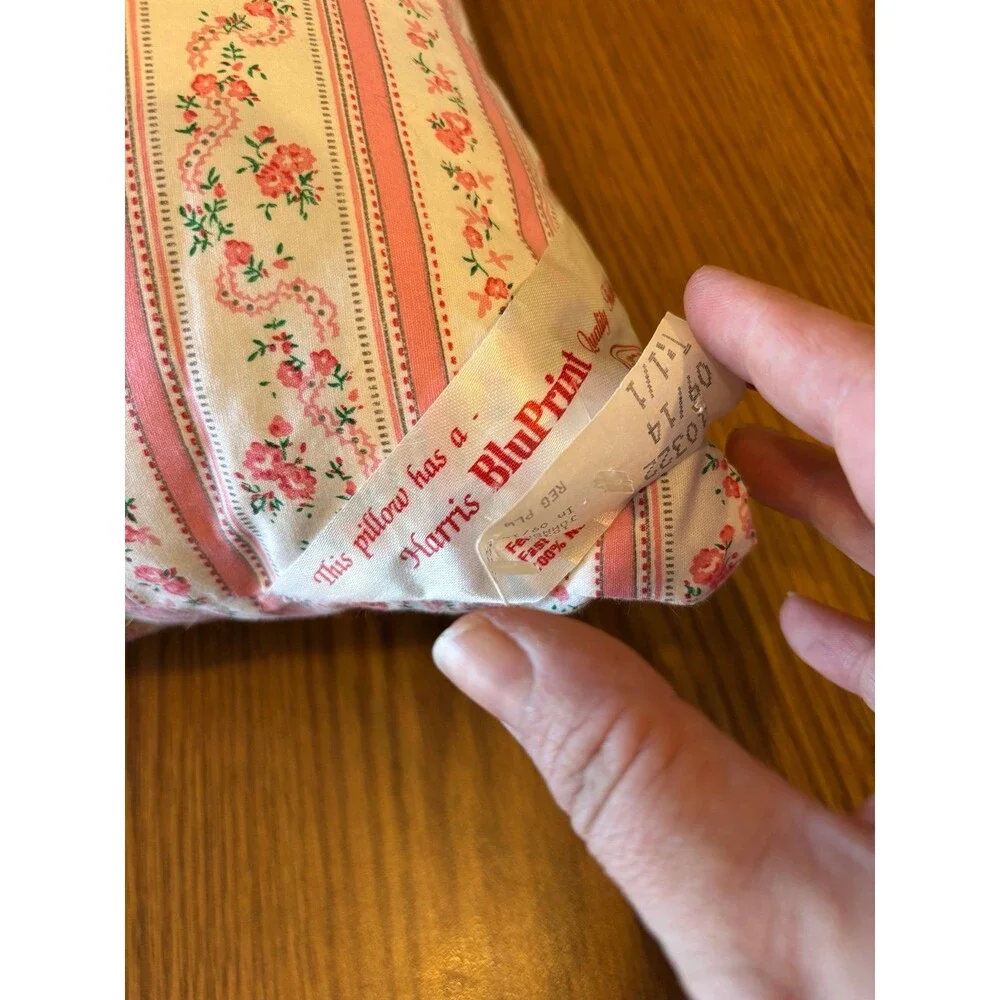 Vintage feather down pillow Harris bluprint ticking floral white pink stripes